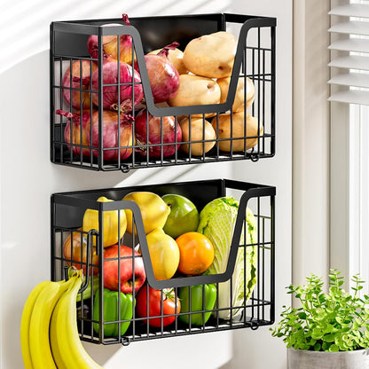 Magnetic Shelf for Fridge, Fruit Basket Magnet Shelves with 2 Hooks | Potato and Onion Storage Bins, Black Magnetic Organizer Side of Fridge Storage, Magnetic Spice Rack for Refrigerator Kitchen