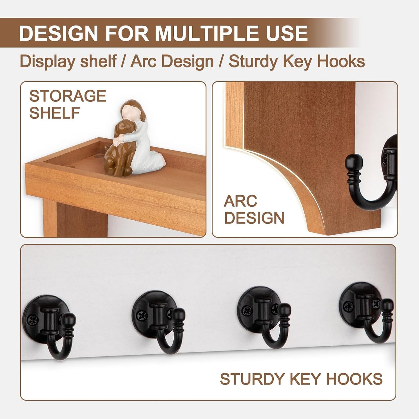 Key and Mail Holder Wall Mount, Mail Organizer with 5 Key Hooks | Key Holder with Shelf, Key Holder for Coat, Dog Leash, Home Decor Rack, Entry Way Organizer