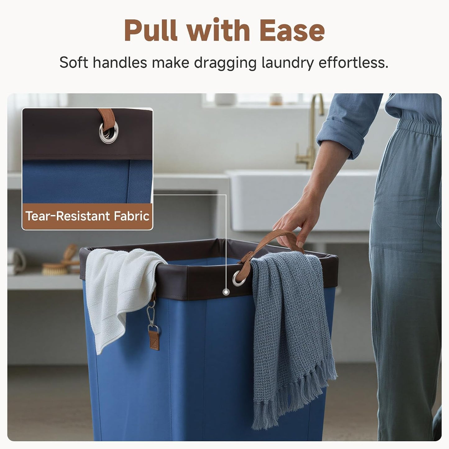 StorageWorks 160L Laundry Basket with Wheels, Rolling Hampers for Clothing | Beige Laundry Basket with Wheels, Metal Frame & Handles, Rolling Hamper for Bedroom, Bathroom, Dorm, Hotel