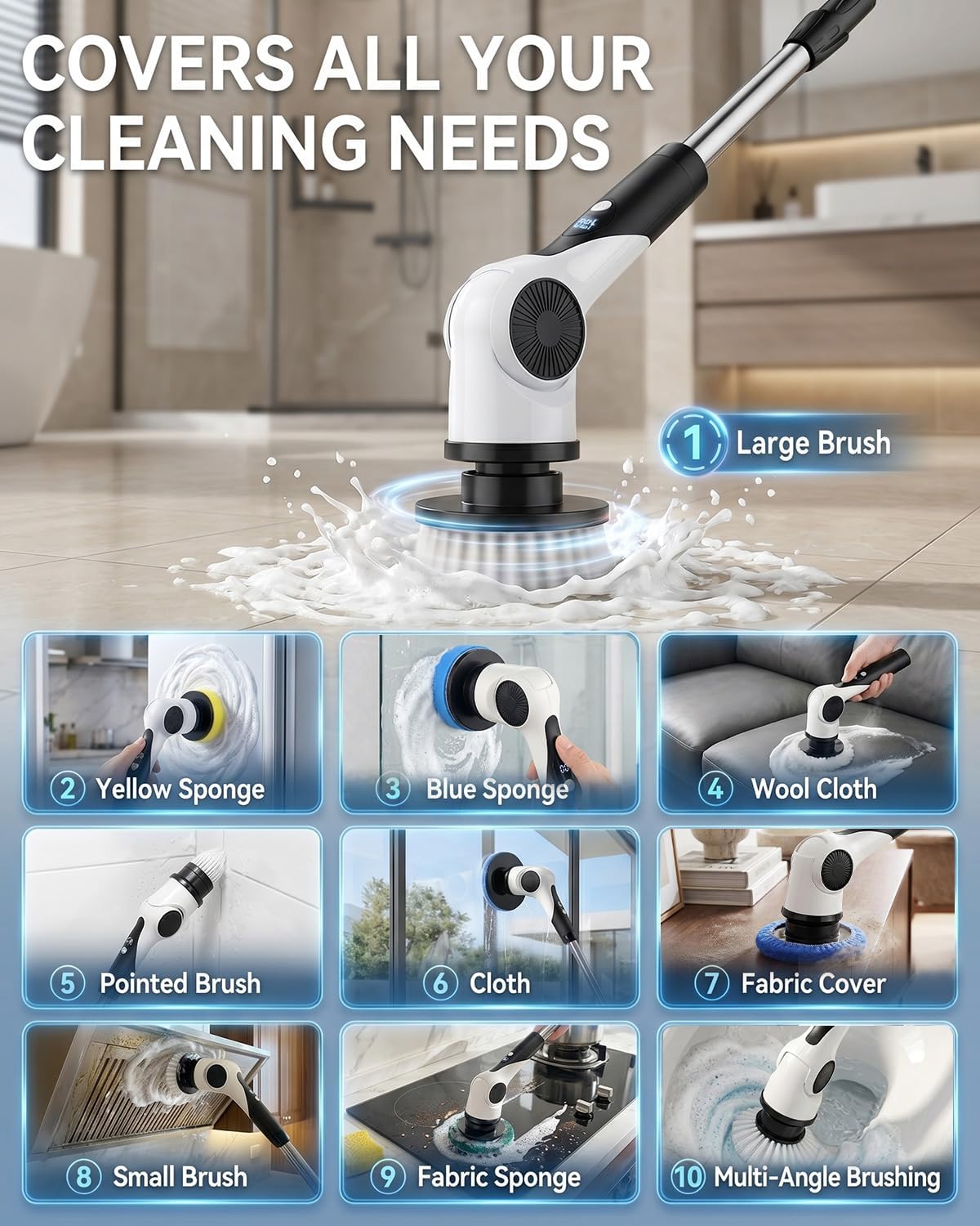 Electric Spin Scrubber, 3-Speed Shower Scrubber with Long Handle & 10 Replaceable Brush Heads, Cordless Full-Body IPX7 Waterproof Shower Cleaner Brush with 90 Mins Runtime for Bathroom