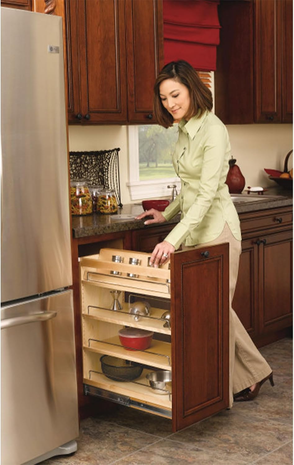 Rev-A-Shelf Pullout Kitchen Cabinet Organizer, Min Cabinet Opening 5.5" W | 5" W Slide Out Pantry Spice or Utensil Storage Rack with Adjustable Shelves for Base Cabinet Organization, 448-BC-5C