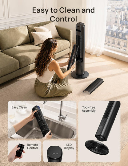 ZAFRO Tower Fan for Bedroom, 37'' Bladeless Fans with 4 Modes 6 Speeds, 26 ft/s Velocity, 28dB Quiet for Sleep, LED Touchpad & 12H Timer, 90° Oscillating Floor Fans that Blow Air, Black