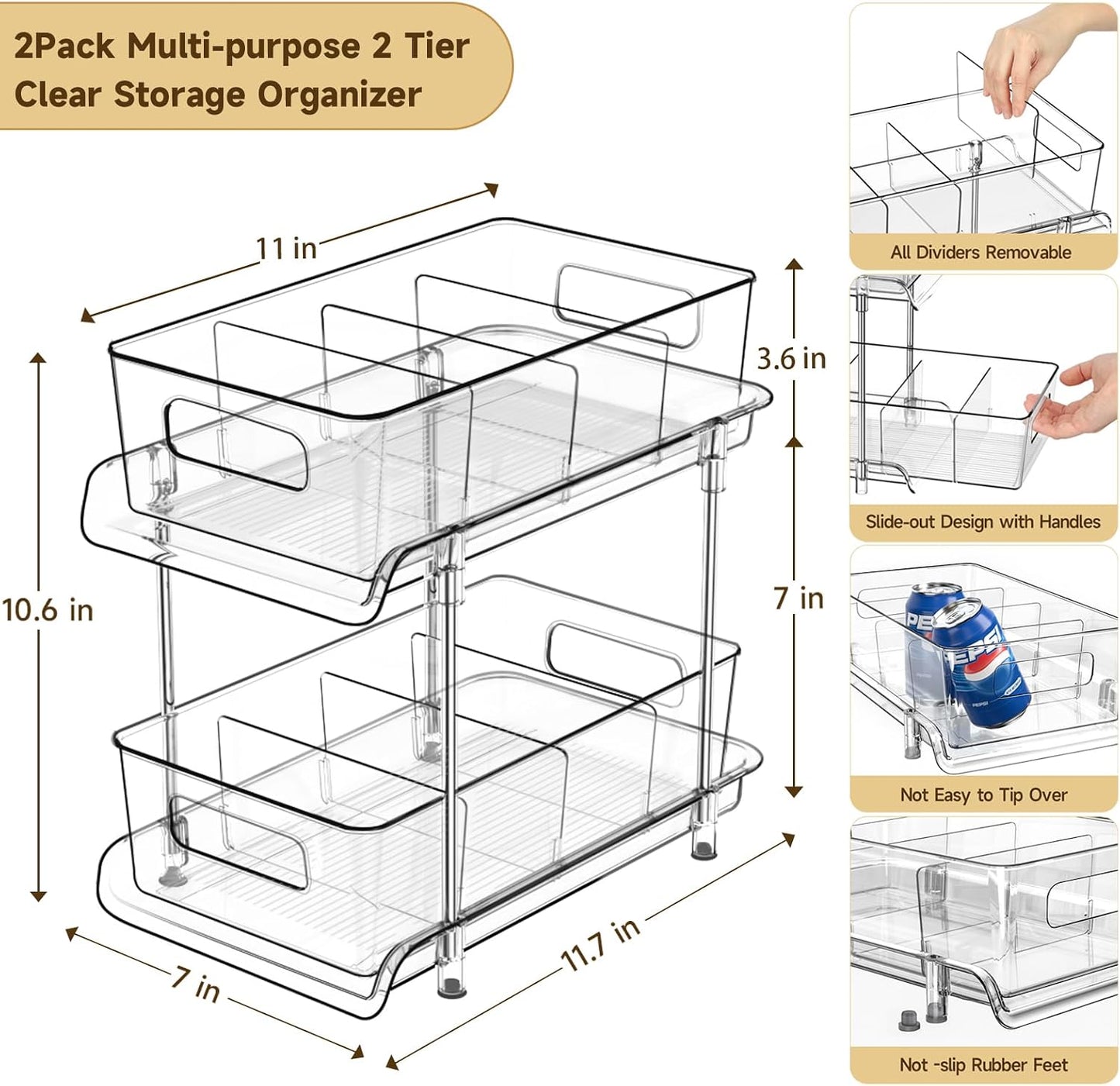 HIHEGD 2-Tier Bathroom Organizer with Dividers, Clear Under Sink and Pull-Out Cabinet Organizer for Kitchen and Pantry Storage