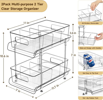 HIHEGD 2-Tier Bathroom Organizer with Dividers, Clear Under Sink and Pull-Out Cabinet Organizer for Kitchen and Pantry Storage