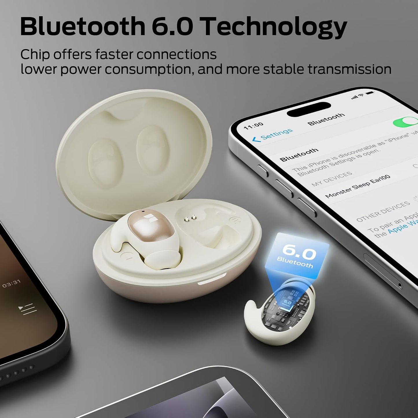 Monster Sleep Ear100 Ear Buds, Sleep Earbuds with Stereo Sound, Design for Side Sleeper, 32H Playtime, Bluetooth 6.0, ENC Noise Cancelling, IPX6 Waterproof Mini Headphones, White