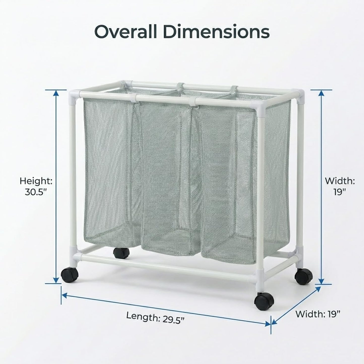 3 Section Laundry Hamper with Wheels & Lid, Large Rolling Laundry Basket Organizer, Durable Mesh Bags for Laundry Room Organizer, Easy Assembly, 29.5L x 19W x 30.5H Inches