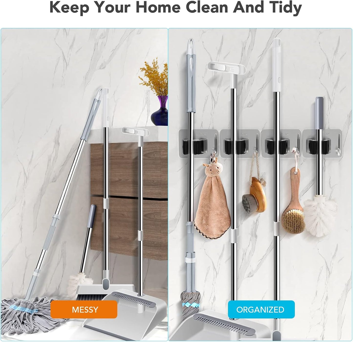 homeasy Broom Holder Wall Mount 4Pcs, Self Adhesive Mop Broom Hanger Black | Self adhesive stainless steel broom organizer with 4 hooks, holds mops, brooms and garden tools without drilling