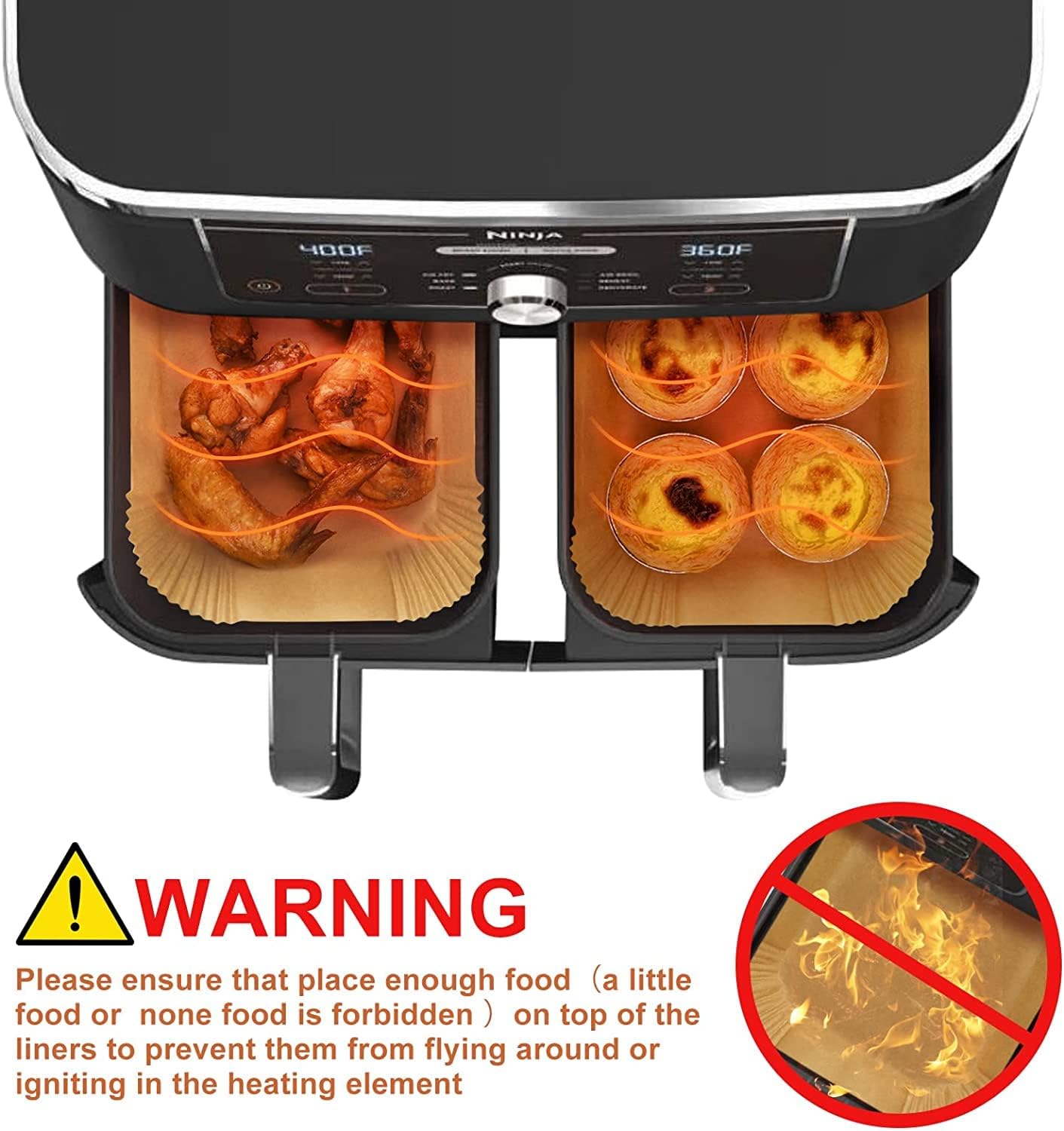 Air Fryer Liners Disposable for Ninja Dual, 8.6 x 5.5in, 100 Pcs | Rectangular parchment liners for Ninja DZ201/DZ401 and other dual-basket air fryers; nonstick, oilproof and easy to dispose