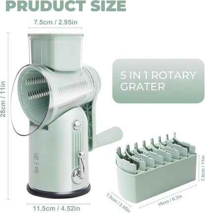 Rotary Cheese Grater Manual Hand Crank with 5 Blades & Suction Base, Kitchen Vegetable Shredder Slicer for Veggie, Nuts, Fruit, Cream