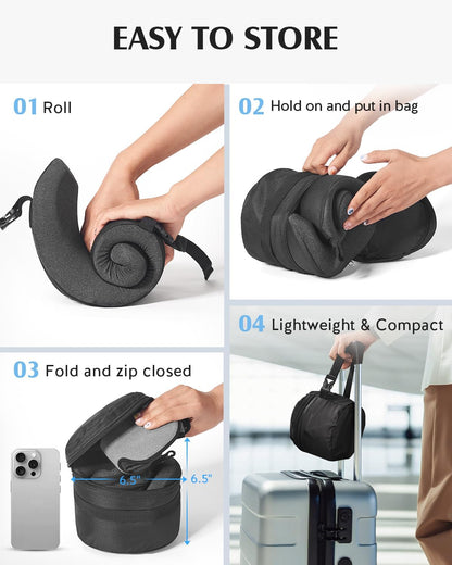 YFONG Travel Pillow with Head Support & Sleep Mask for Long Flights, Black | Patented 360° Support System, Prevents Bobbing, Airplane Head Strap, 3D Eye Mask, Memory Foam Neck Pillow, Travel Essential
