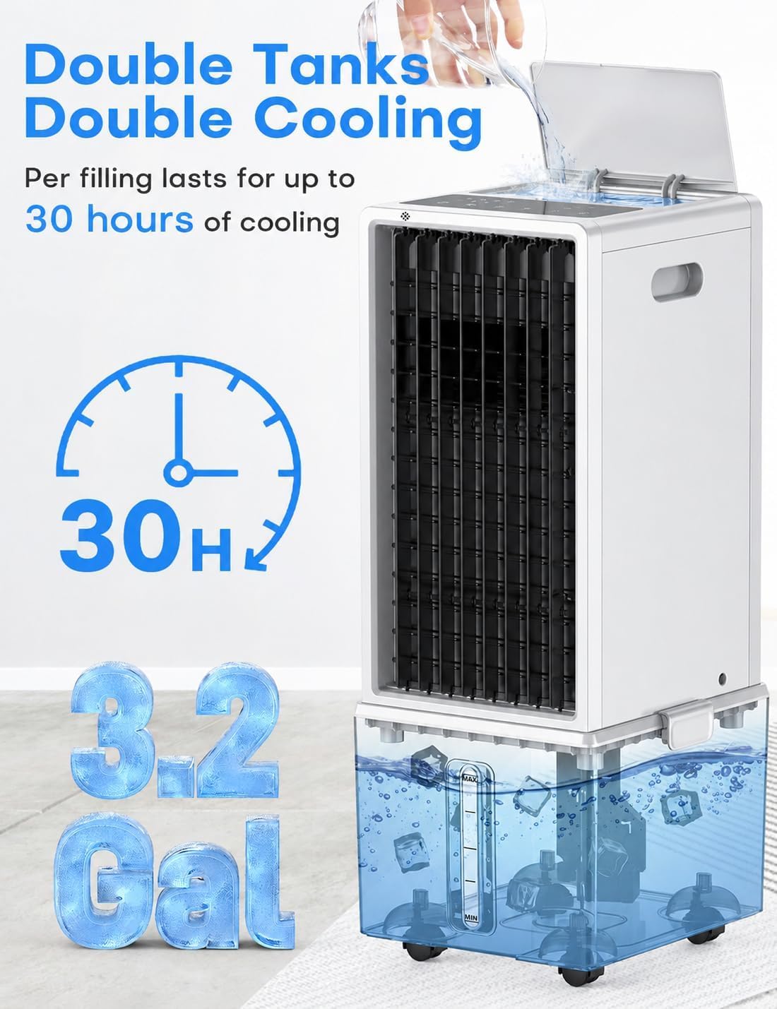 Portable Air Conditioners 4 Modes&3 Speeds,4 Ice Packs, Waterless Alert System, 12H Timer, Remote,1 Gal Detachable Water Tank, 70°Oscillation Windowless Evaporative Air Cooler for Room Office