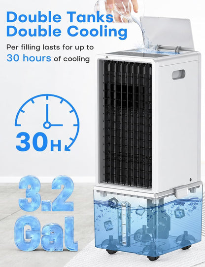Portable Air Conditioners 4 Modes&3 Speeds,4 Ice Packs, Waterless Alert System, 12H Timer, Remote,1 Gal Detachable Water Tank, 70°Oscillation Windowless Evaporative Air Cooler for Room Office