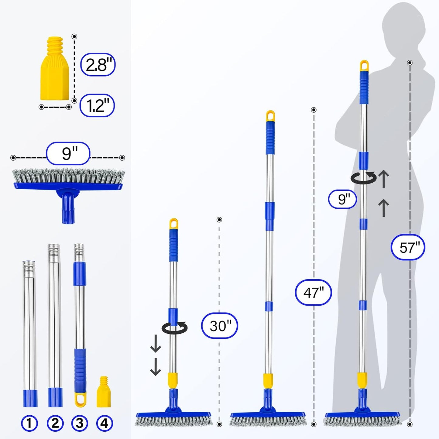 Grout & Scrub Brush Combo, Floor Scrubber with Long Handle, Multi-Purpose Stiff Bristles Cleaning Brush Set for Tile, Grout, Deck, Kitchen, Shower Floor (2 Pcs)