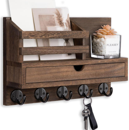 Key Holder Wall Mount, Mail Holder with Storage Drawer | Key and Mail Holder with 5 Key Hooks for Coat, Dog Leash, Home Decor Rack, House Accessories, Entry Way Organizer