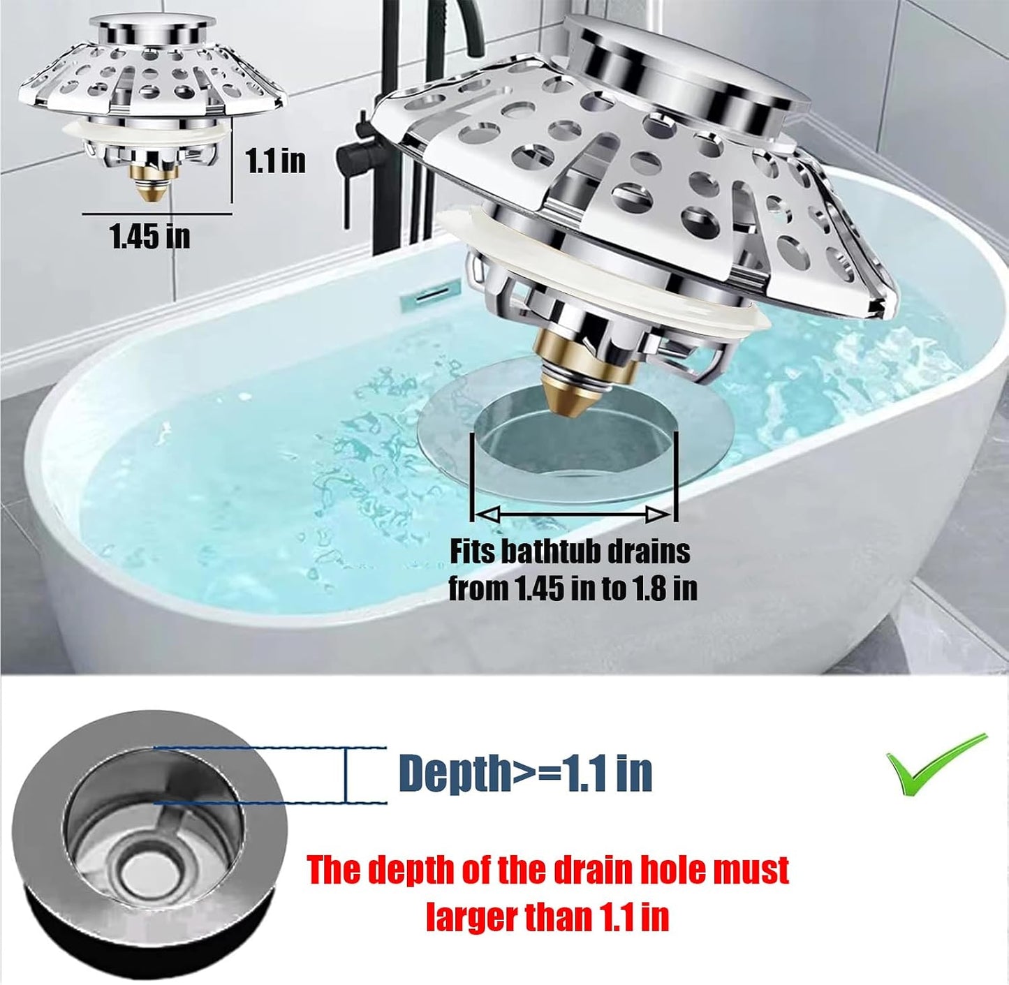 AzWzz Universal Tub Stopper Bathtub Drain Plug, Pop Up Tub Drain Hair Catcher, Drain Cover with Strainer, for 1-3/8 to 2in Bath Drain Hole