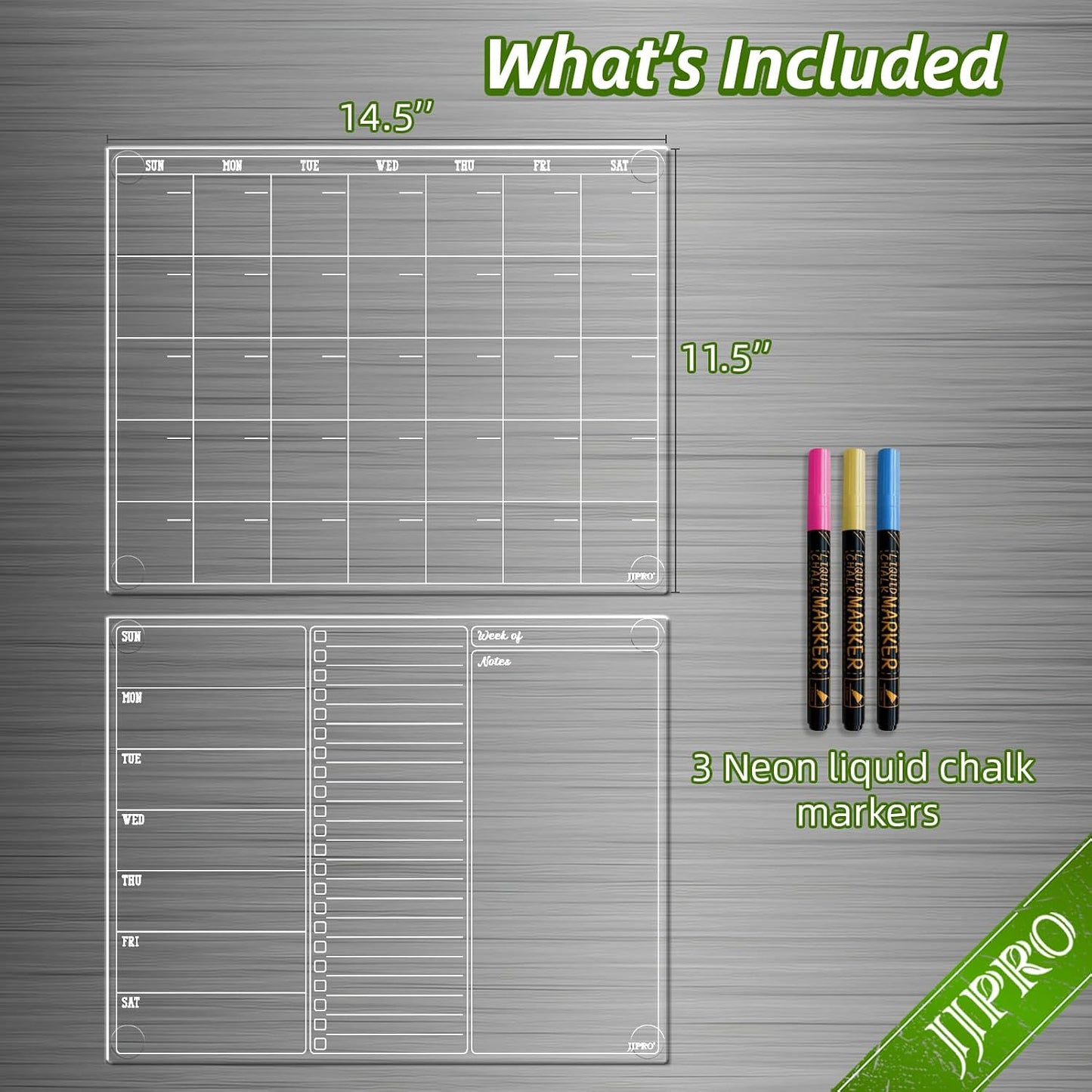 JJPRO Non-Magnetic Dry Erase Calendar for Fridge, Monthly Calendar, Weekly Planning Board Bundle for All Smooth Surfaces. Clear Reusable Calendar Stick to Fridge,Cabinet,Door&Glass