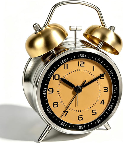 4.5" Metal Loud Alarm Clock for Heavy Sleepers Adults, Analog Battery Operated Alarm Clock with Bells Glow in Dark Numbers, Silent Old School Bedside Desk Clock for Bedroom Office Kids, Black