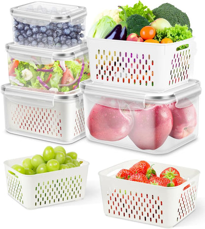 5 Pack Fruit Storage Containers for Fridge Berry Keeper Produce Saver | Leak-proof Food Container Set with Colander Veggie Keep Fresh BPA Free Plastic Refrigerator Organizer Freezer Dishwasher Safe