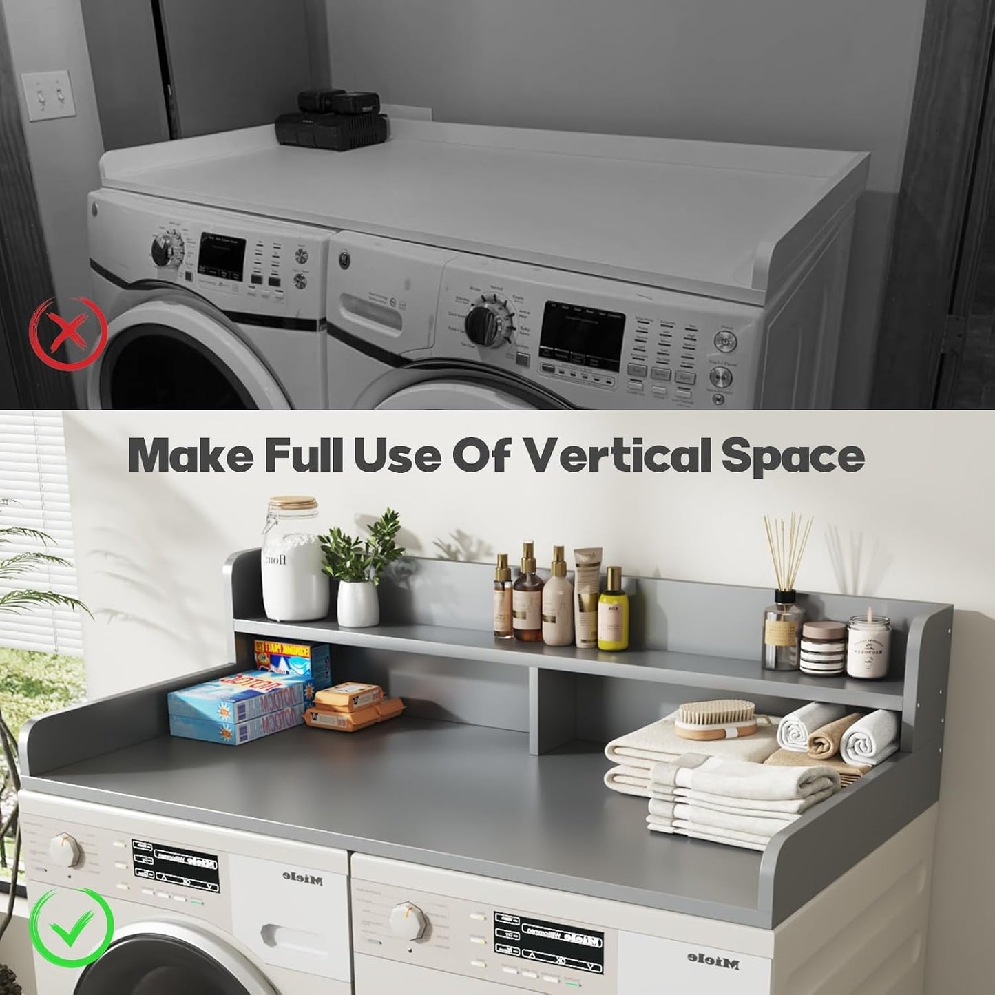 2-Tier Washer and Dryer Countertop with 2.75" H Guard,54" W x 27.5" D Laundry Countertop Cover with Non-Slip Pad,Large Space Laundry Topper for Folding Clothes Over Washer and Dryer-White