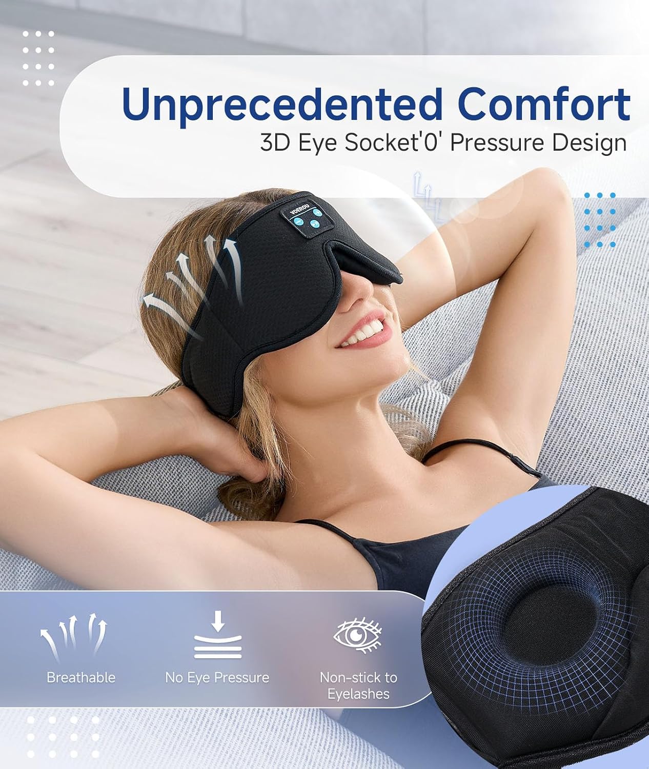 Voerou Sleep Mask with Bluetooth Headphones, Zero Pressure Wireless Sleeping Eye Mask, 100% Light Blocking Sleep Headphones for Side Sleepers, Suitable for Sleep Nap Travel, Cool Gadgets Unique Gifts