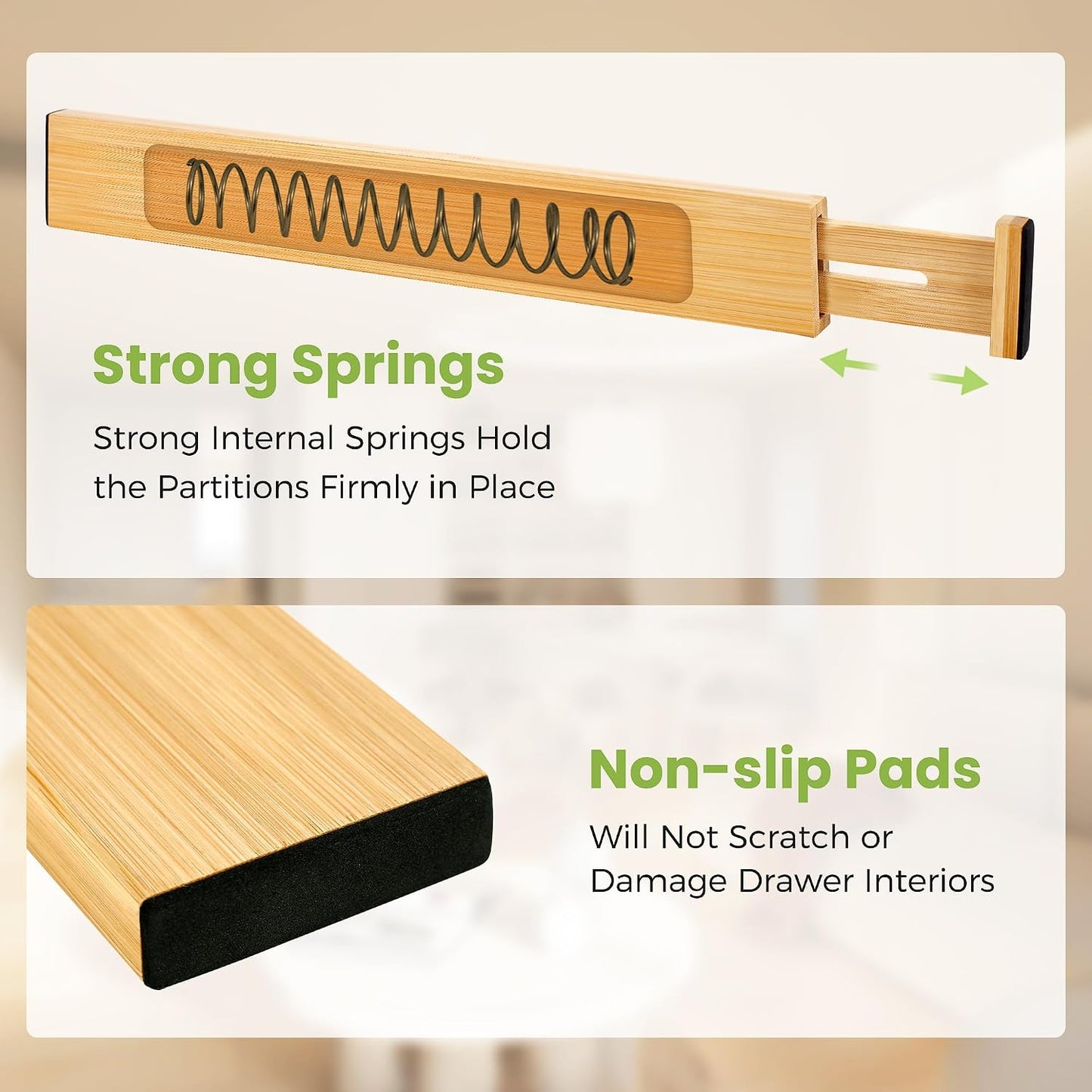 Fyvva Drawer Organizer, Spring-Loaded Expandable Bamboo Dividers 8-Pack | Large Kitchen Drawer Organizer, Adjustable 16.9 to 22.2 in, 2.3in High Non Slip for Kitchen Clothes Bathroom Office Natural