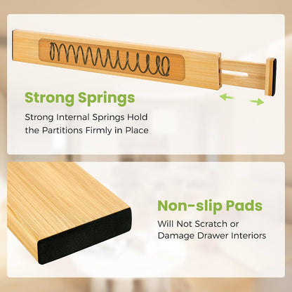 Fyvva Drawer Organizer, Spring-Loaded Expandable Bamboo Dividers 8-Pack | Large Kitchen Drawer Organizer, Adjustable 16.9 to 22.2 in, 2.3in High Non Slip for Kitchen Clothes Bathroom Office Natural