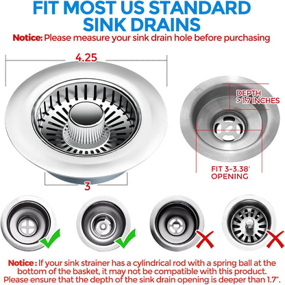 3 in 1 Kitchen Sink Drain Strainer Stopper Removable Basket Pop-Up | Kitchen Sink Food Strainer 1 Pack Silver Stainless - Food Catcher, Odor-Block Seal, Fits 3.5" Drain, Easy Clean