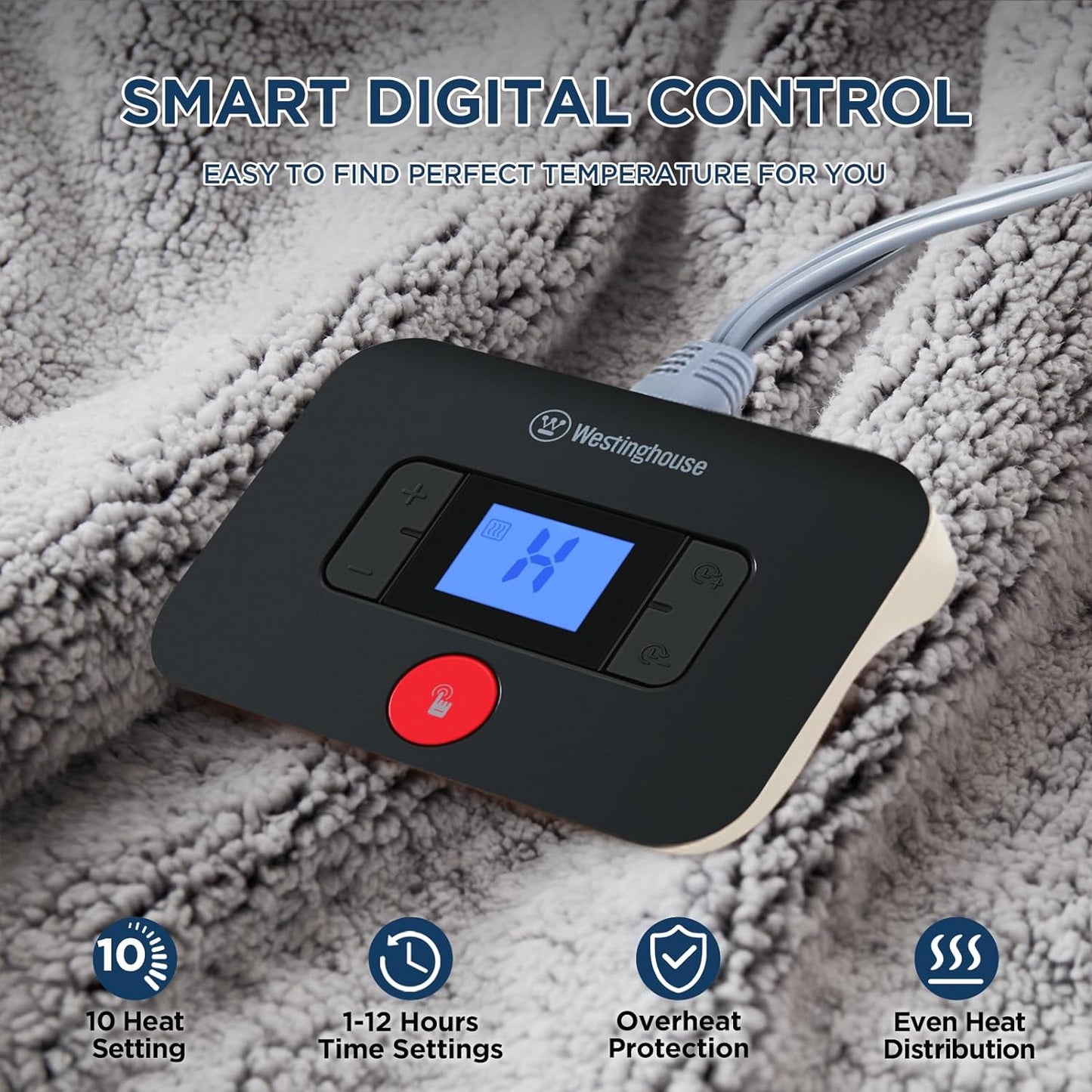 Westinghouse Electric Blanket Heated Throw, 6 Heat Settings, Grey | Soft Plush Sherpa Heated Blanket with 2-10 Hours Auto-Off, Machine Washable, 50x60"