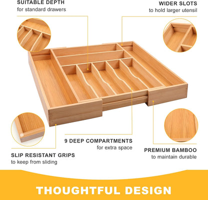 Expandable Bamboo Kitchen Drawer Organizer for Cutlery and Utensils, Adjustable Bamboo Wood Cutlery Tray in Drawer for Flatware and Silverware in Kitchen, (Natural)