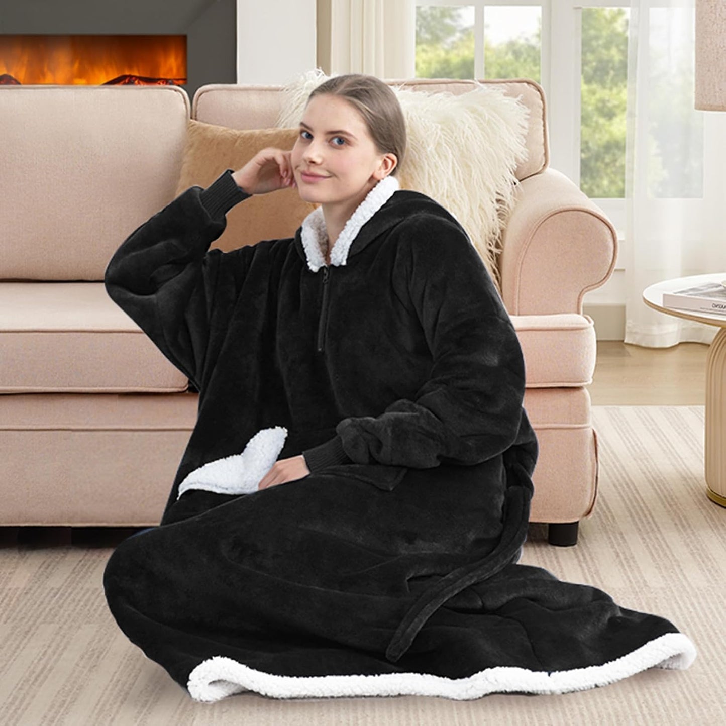 Wearable Blanket Hoodie, Oversized Sherpa Fleece Sweatshirt Blanket with Giant Hood Pocket and Sleeves for Adult, Warm & Cozy Grey Blanket Gifts for Women