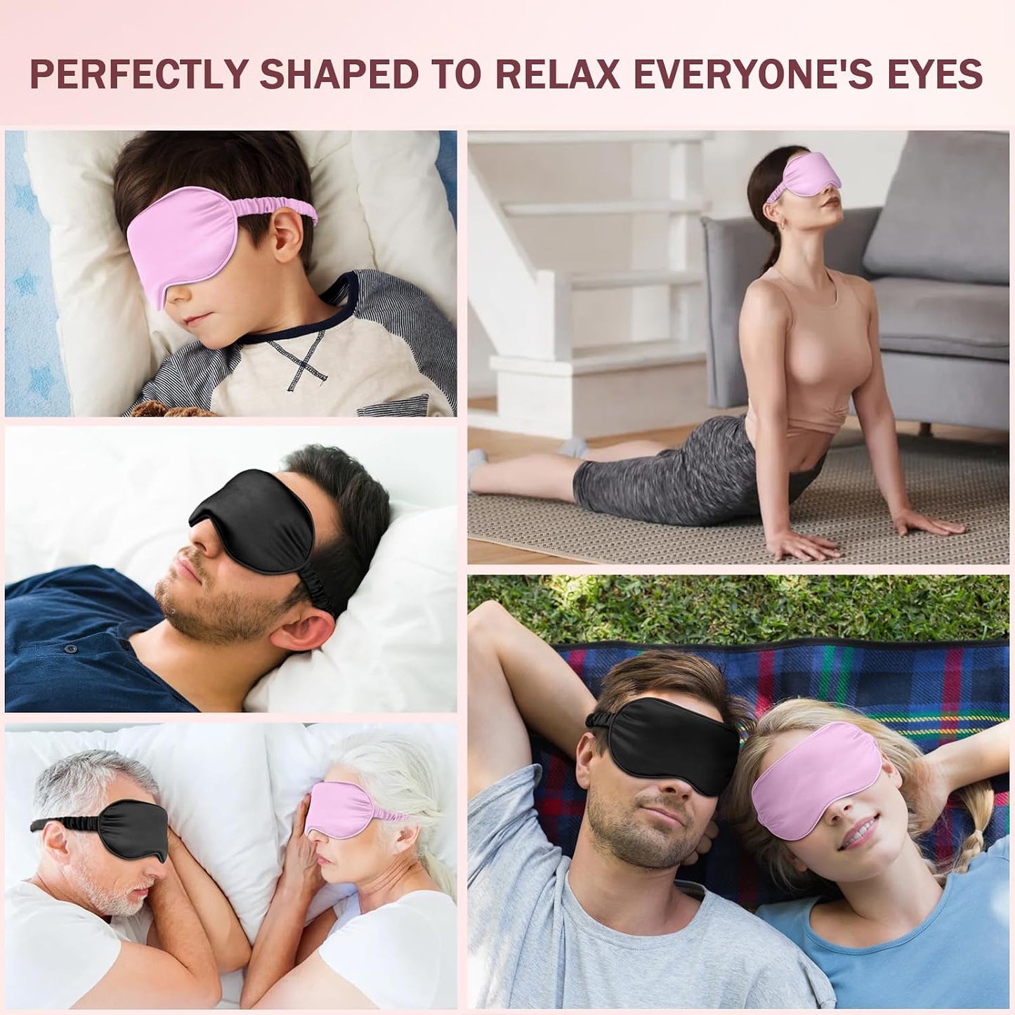 Amrules Sleep Mask Set of 2, Adjustable Silk Eye Mask for Sleeping, Soft Sleeping Eye Shade Cover for Women, Good for Blocking Light, Reducing Puffiness, Enhancing Sleep Quality (Blush Pink & Black)