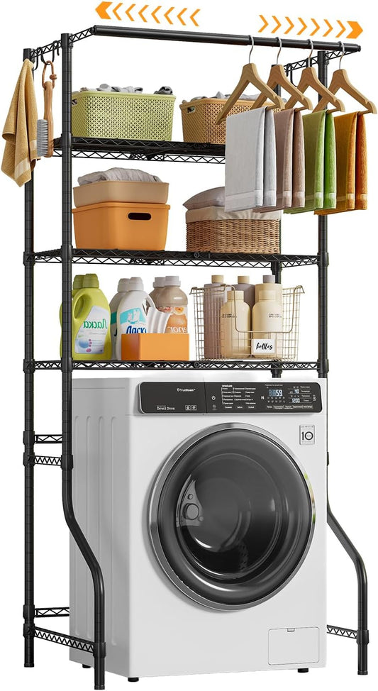 3 Tiers Expandable Over Washer and Dryer Shelves, White | Laundry Room Organization and Storage with Hanger Rod, 4 Hooks, Adjustable Height Metal Freestanding Clothes Drying Rack