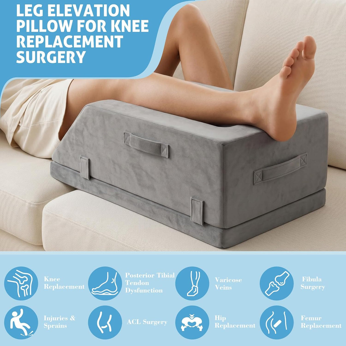 Leg Elevation Pillows for After Surgery, Ergonomic Keeps Knee Straight, Adjustable Height Knee Replacement Recovery Aids, Suitable for Surgery, Injury, or Rest, Washable Cover, Single Leg