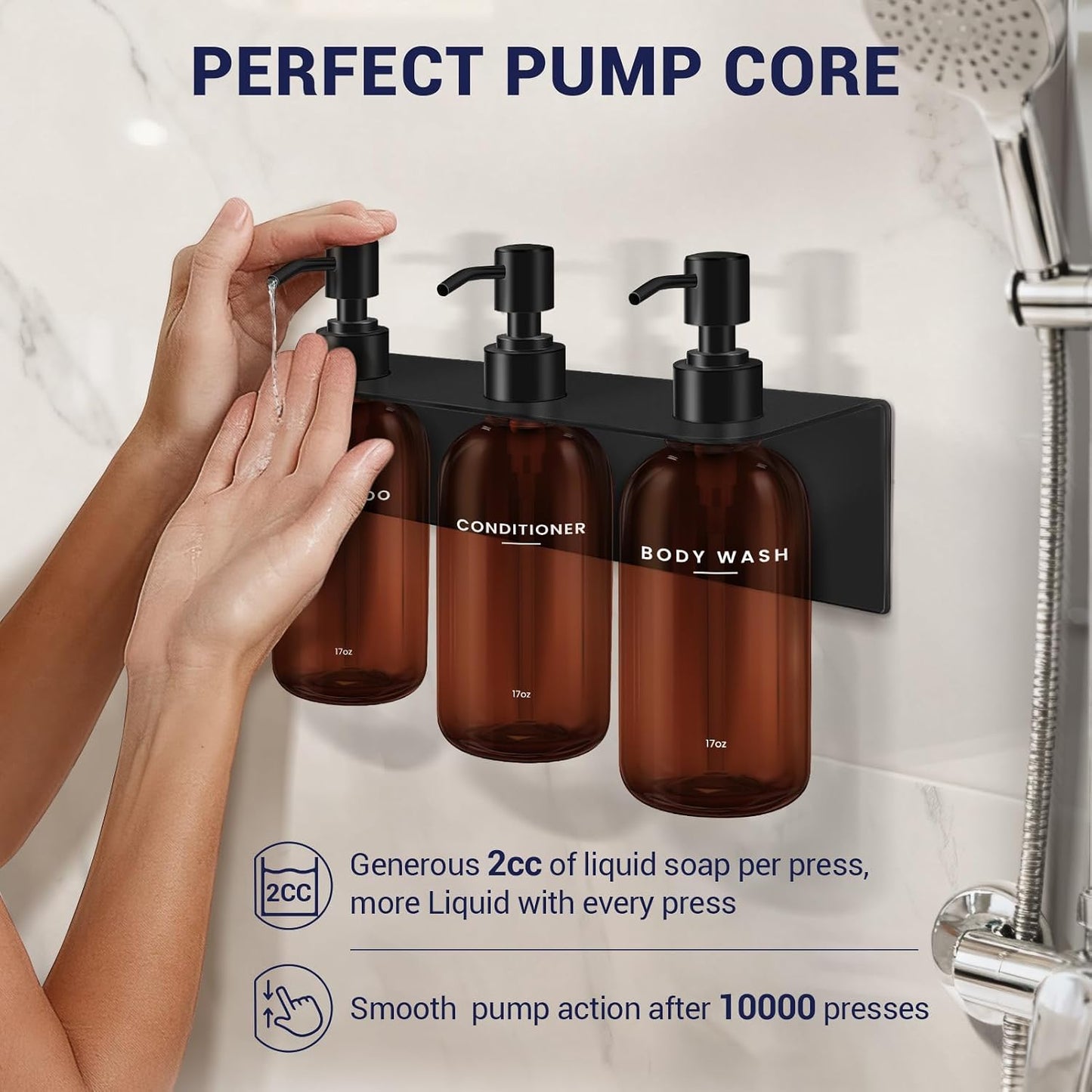 Shampoo Conditioner Body Wash Dispenser Bonus Soap Dish and Hook, Amber | 17 fl oz Set of 3 Amber Plastic Bottles with Black Pumps, Drill Free Adhesive Bathroom Organizer, Dorm Room Essentials