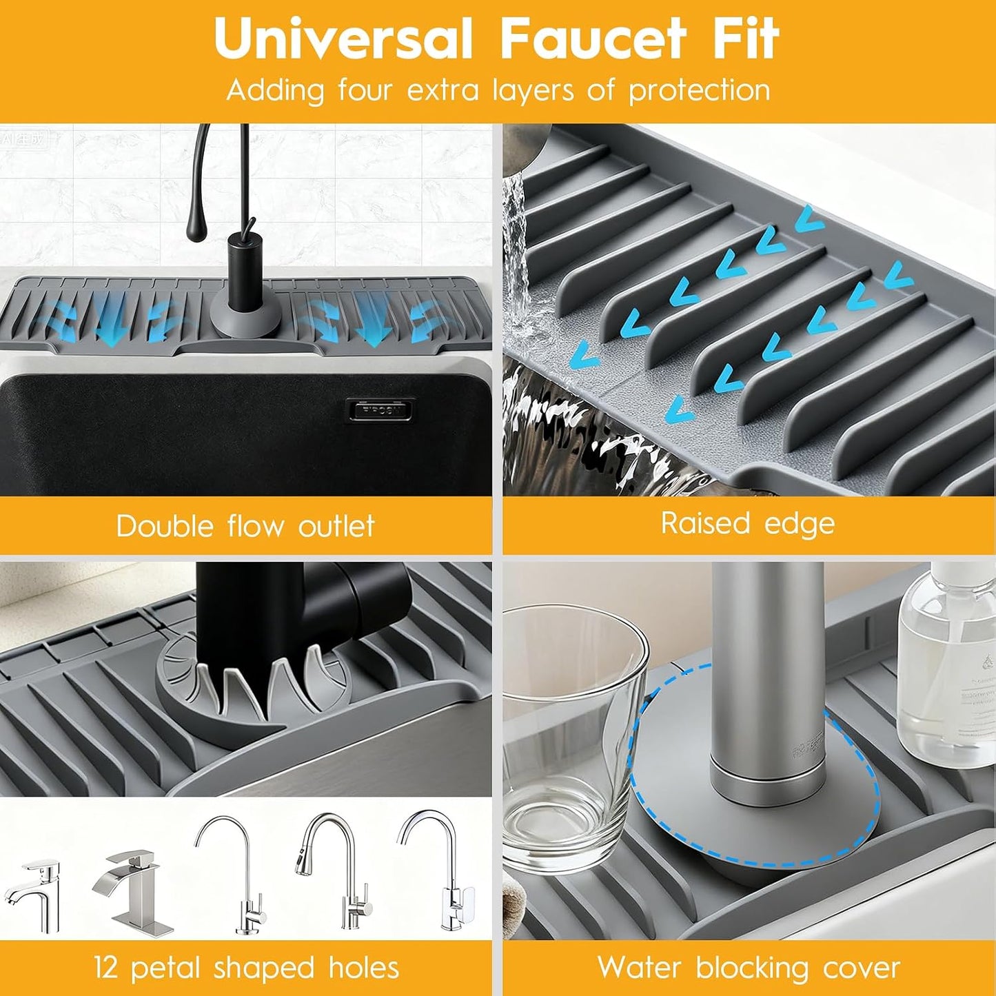 16" Silicone Faucet Mat for Kitchen Sink of The Lastest, Beige | 8° Slope Fast Self-draining, Kitchen Sink Water Splash Guard, Behind Faucet Draining Mat, for Bathroom Kitchen Sink Area