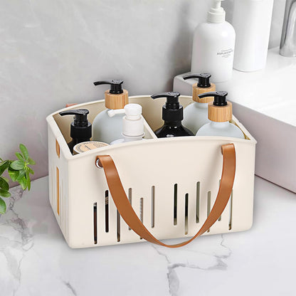 Portable Shower Caddy Collapsible Plastic Shower Basket Tote with Handles Removable Divider, Cleaning Caddy Storage Organizer for Bathroom College Dorm (White)