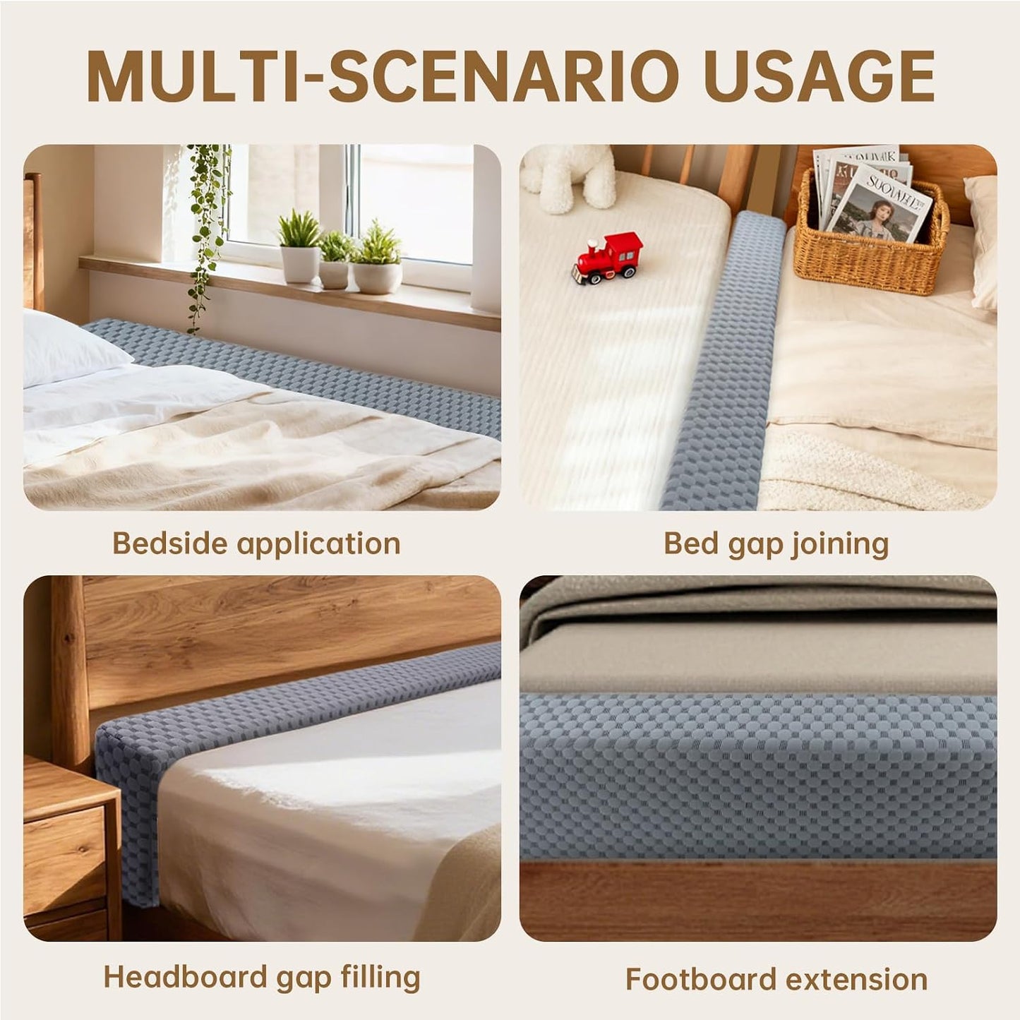 Headboard Bed Gap Filler, High Density Foam Mattress Extender Pillow, Removable, Gray, 39"x2"x6"