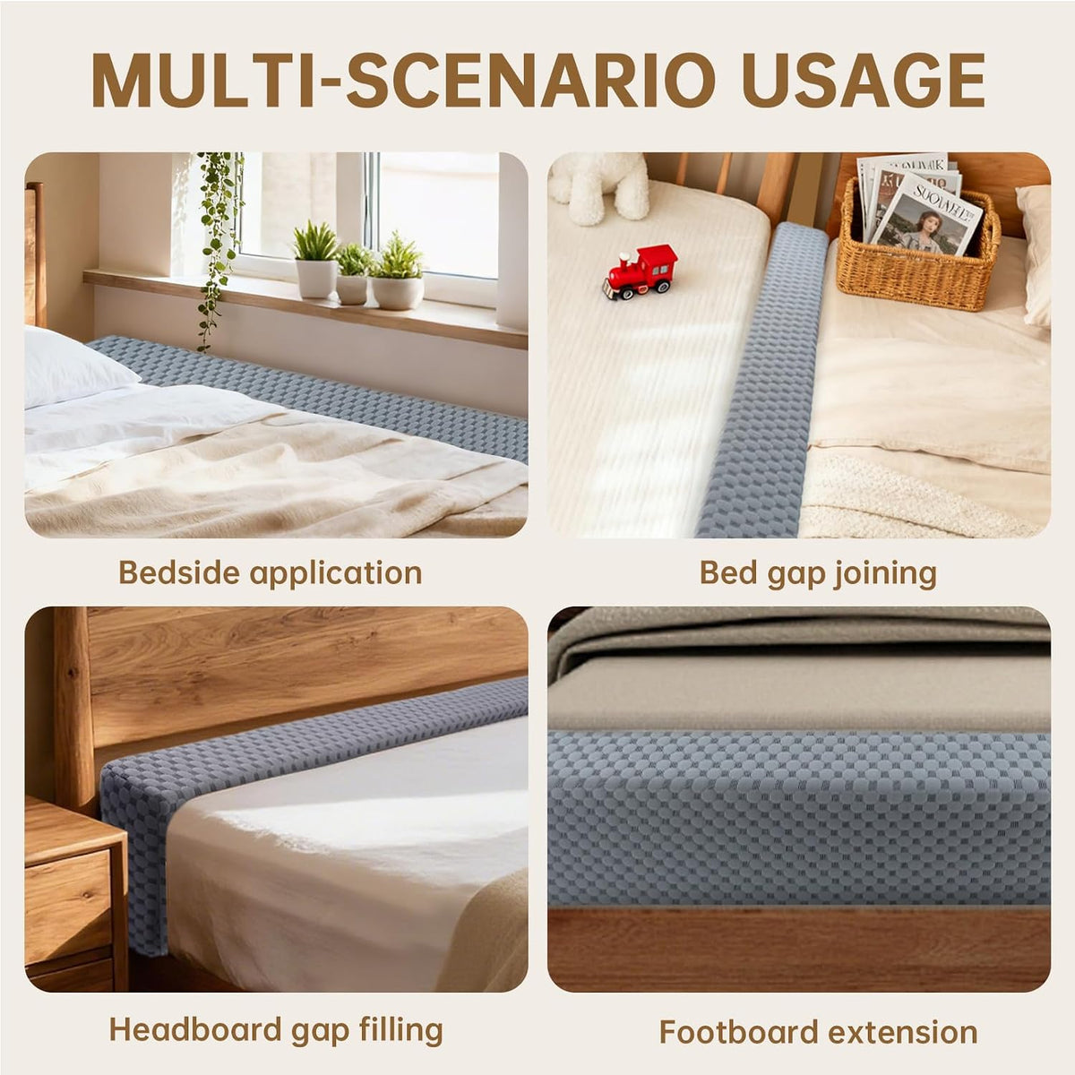 Headboard Bed Gap Filler, High Density Foam Mattress Extender Pillow, Removable, Gray, 78"x4"x8"