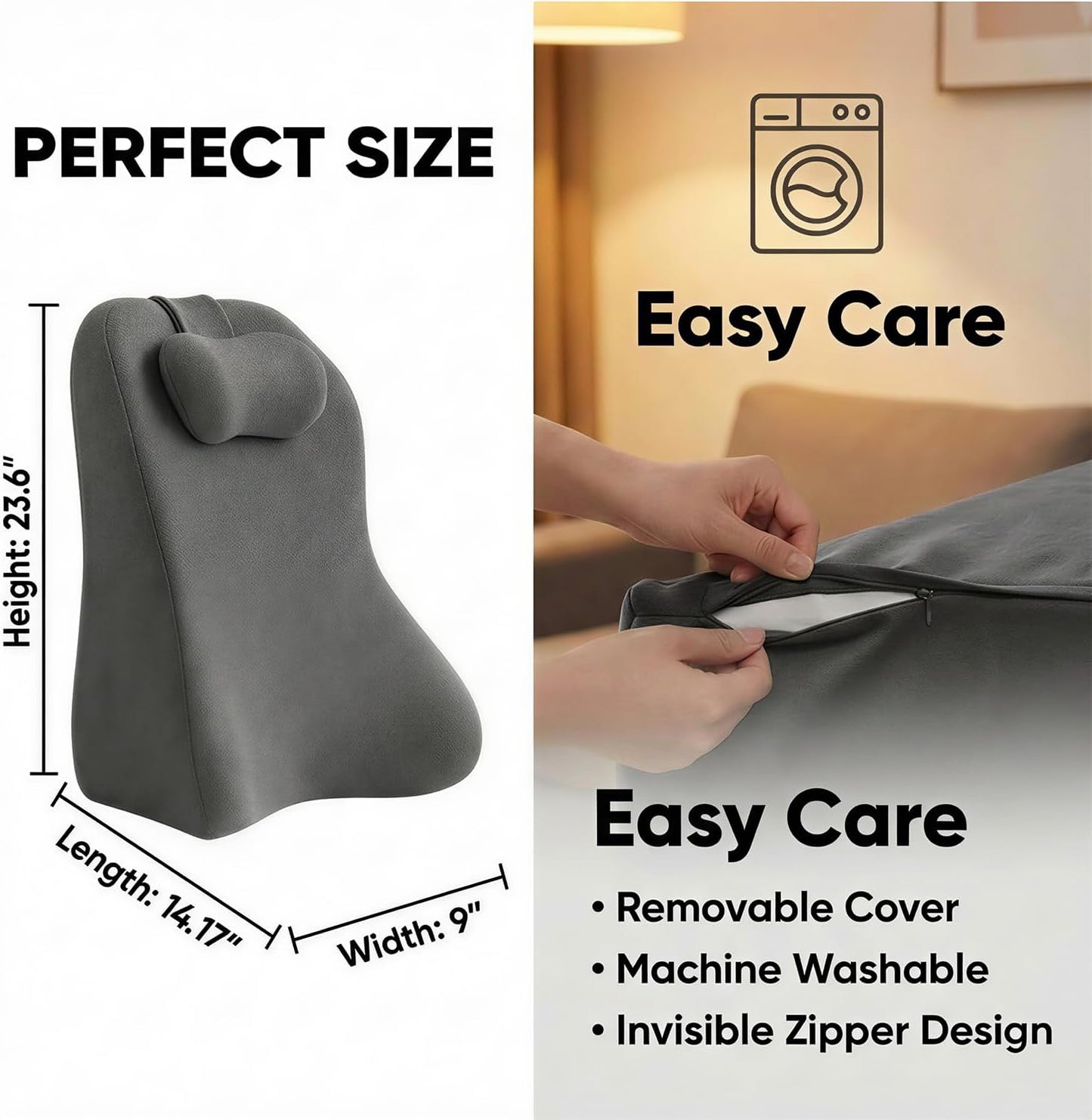Back Wedge Pillow for Sofa, Lumbar Support Reading Pillow for Bed, Back Support Cushion for Sitting Up, Angled Design for Relaxing, Bedtime and Night Comfort (Light Gray)