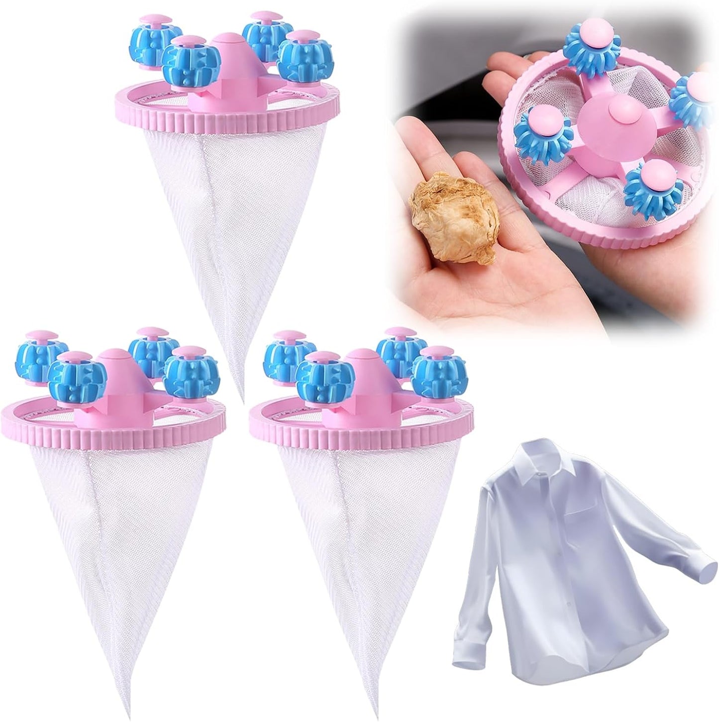 3PCS Washing Machine Hair & Lint Catcher Floating Mesh Bag Reusable | Reusable Floating Laundry Hair Catcher With Double Frame Cone Mesh Design Collects Lint Pet Hair For Cleaner Washing