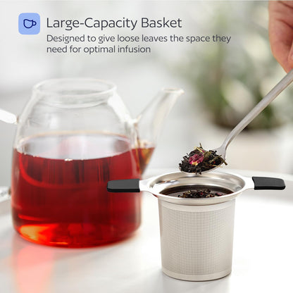 Stainless Steel Tea Infuser for Loose Leaf Tea – Extra Fine Mesh Strainer with Heat Proof Double Handles & Lid, Reusable Filter Fits Mugs, Cups & Teapots, Gray
