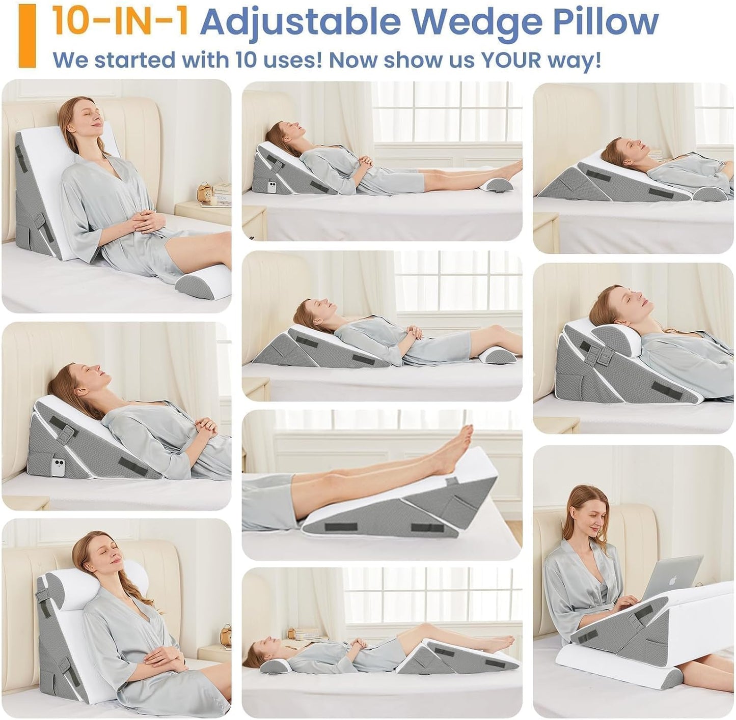 Sasttie Adjustable Wedge Pillow Set for After Surgery, Dark Grey & White | Bed Wedge Pillow Headboard with Memory Foam Neck Cushion, for Acid Reflux, Sleeping, Neck & Back Support