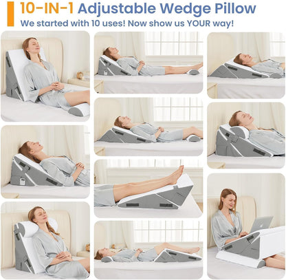 Sasttie Adjustable Wedge Pillow Set for After Surgery, Dark Grey & White | Bed Wedge Pillow Headboard with Memory Foam Neck Cushion, for Acid Reflux, Sleeping, Neck & Back Support