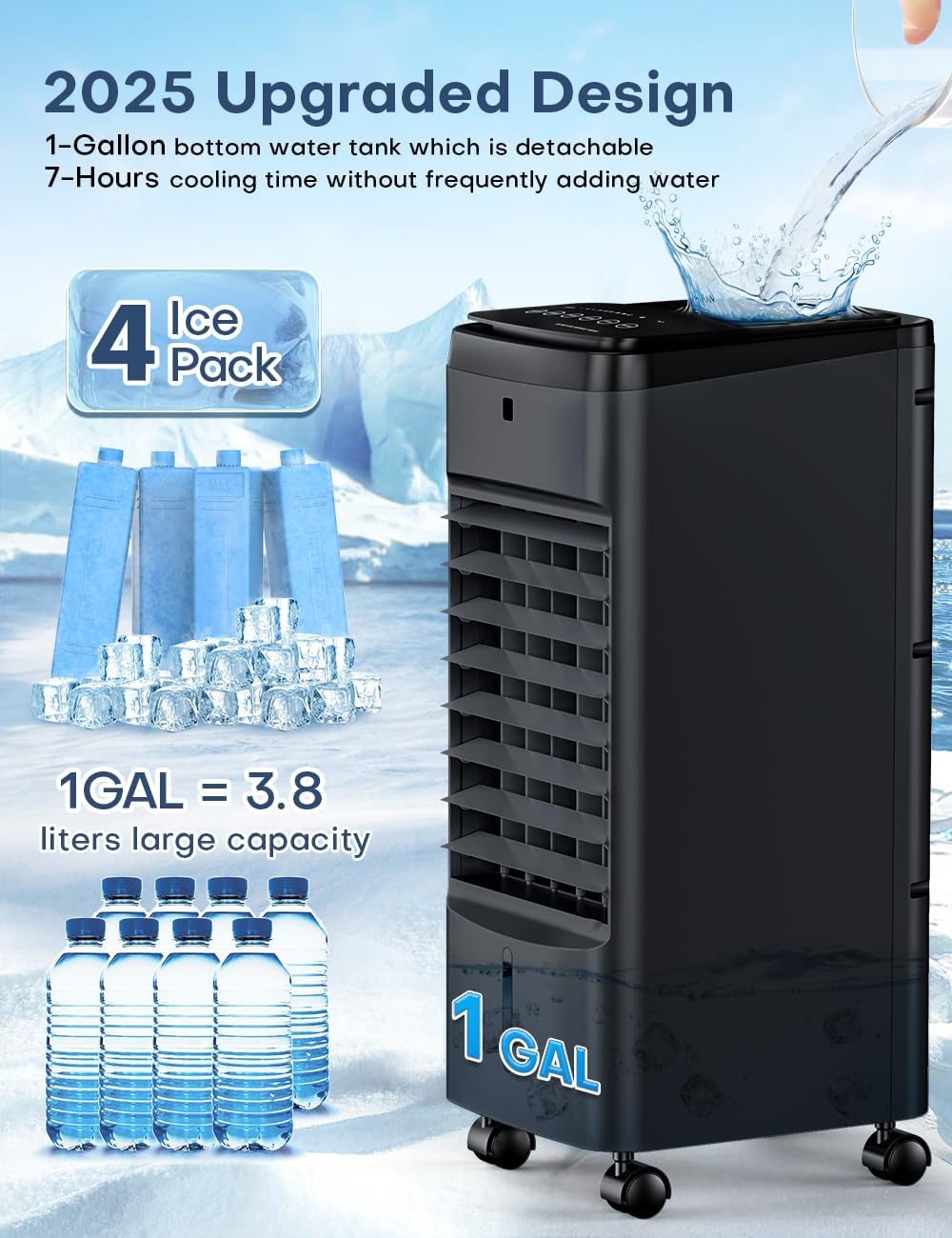 Portable Air Conditioners 4 Modes&3 Speeds,4 Ice Packs, Waterless Alert System, 12H Timer, Remote,1 Gal Detachable Water Tank, 70°Oscillation Windowless Evaporative Air Cooler for Room Office