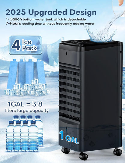 Portable Air Conditioners 4 Modes&3 Speeds,4 Ice Packs, Waterless Alert System, 12H Timer, Remote,1 Gal Detachable Water Tank, 70°Oscillation Windowless Evaporative Air Cooler for Room Office