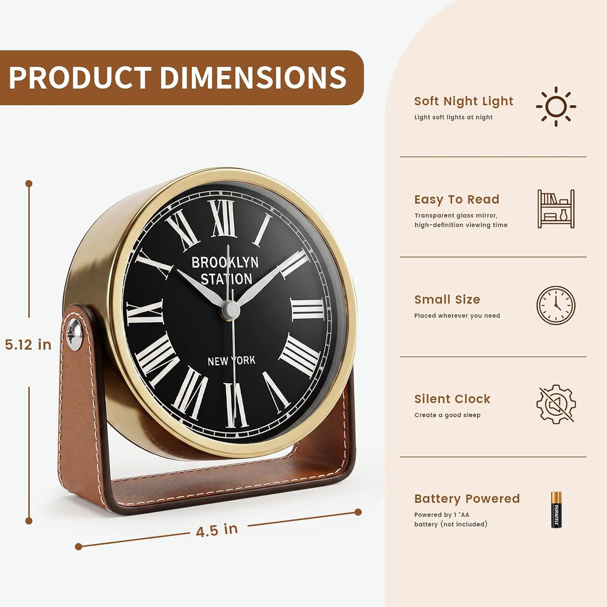 Analog Alarm Clock - 4.5" Silent Non Ticking Small Clock with Light, Rotatable Stand Metal Desk Clock Battery Operated, Simple Design for Living Room Decor/ Bedroom/Bedside/Shelf (Black & White)