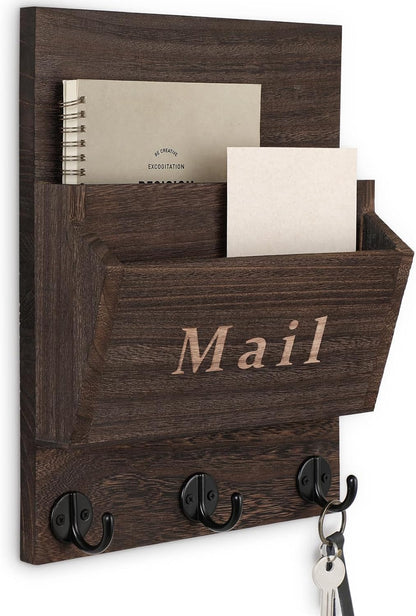 Mail and Key Holder, Wall Key Holder with 2 Mail Organizer Slot and 3 Hooks | Decorative 8.86" x 11.42" Mail Holder, Real Paulownia Wood with Keyhole Brackets, Hardware and Instructions