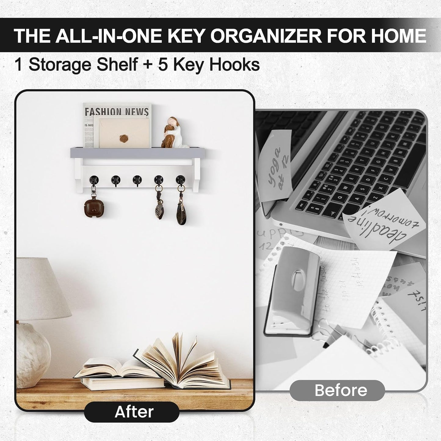 Key and Mail Holder Wall Mount, Mail Organizer with 5 Key Hooks | Key Holder with Shelf, Key Holder for Coat, Dog Leash, Home Decor Rack, Entry Way Organizer