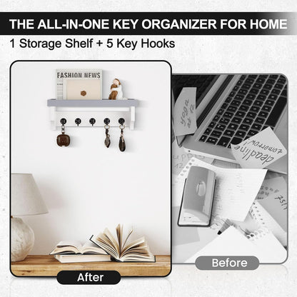 Key and Mail Holder Wall Mount, Mail Organizer with 5 Key Hooks | Key Holder with Shelf, Key Holder for Coat, Dog Leash, Home Decor Rack, Entry Way Organizer