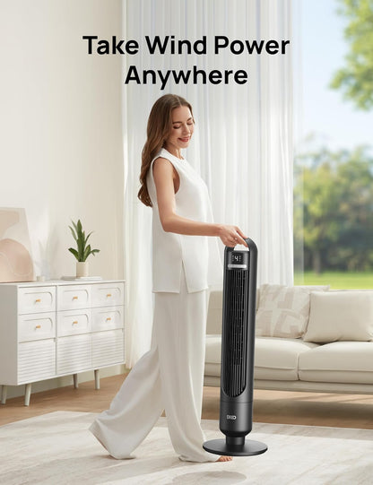 DREO Tower Fan for Bedroom, 26ft/s Velocity, 90° Oscillating, 8H Timer | 4 Speeds, 3 Modes, 28dB Quiet Standing Fan, Floor Fan for Room, Living Room, Office, Home, Cooling Fan with Remote, Black